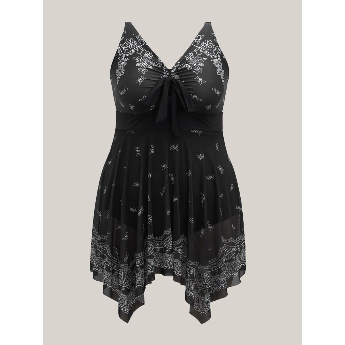 Plus Size Boho Print Ruched Bow Asymmetrical Hem Swim Dress Women's Swimwear Black Resort Bodycon Heart neckline High stretch Curve Swim Dresses BloomChic 22-24/3X Product Image