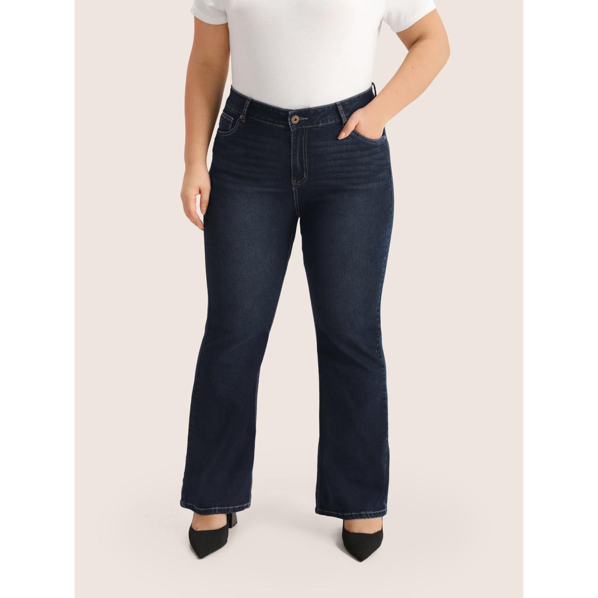 Plus Size Plain Bootcut Pocket Zipper Fly Jeans Women DarkBlue Casual Plain Non High stretch Slanted pocket Jeans BloomChic 24/3X Product Image