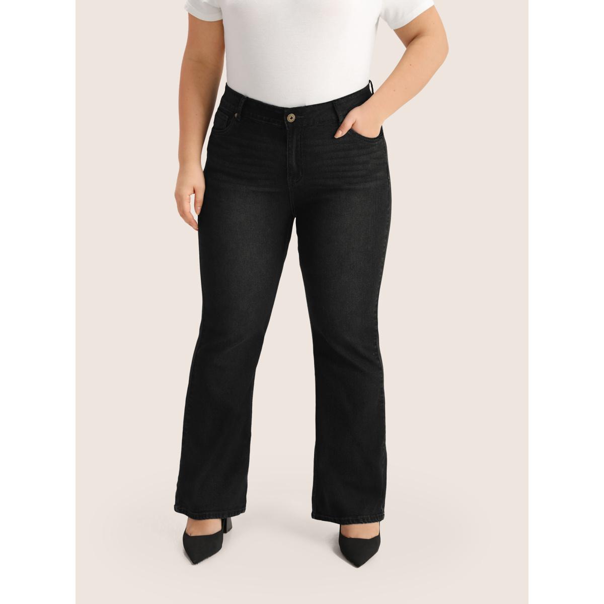 Plus Size Plain Bootcut Pocket Zipper Fly Jeans Women Black Casual Plain Non High stretch Slanted pocket Jeans BloomChic 12/L Product Image