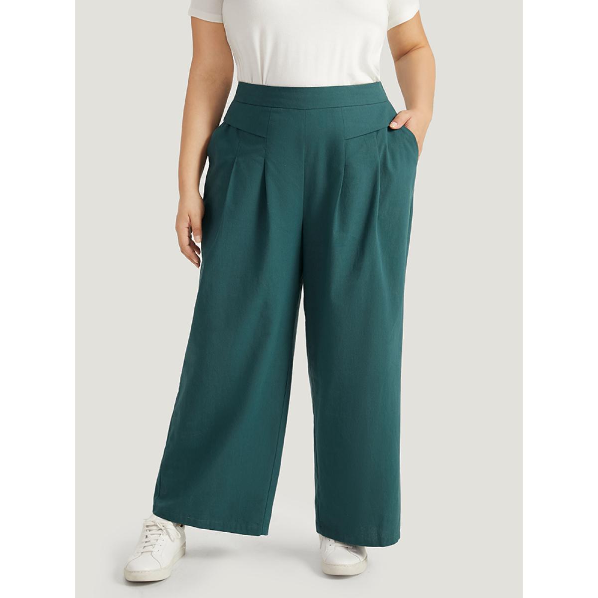 Plus Size Plain Pocket Elastic Waist Plicated Detail Pants Women Cyan Casual Straight Leg High Rise Everyday Pants BloomChic 18-20/2X Product Image
