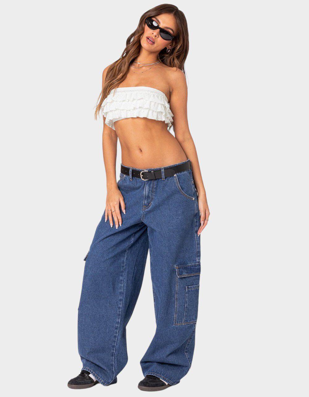 EDIKTED Super Oversized Belted Boyfriend Jeans - LIGHT BLUE Product Image