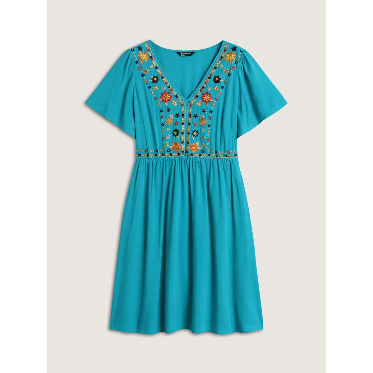 Plus Size Rayon Floral Embroidered Pockets Midi Dress Arctic Women Boho V-neck Sleeveless Curvy BloomChic 12/L Product Image