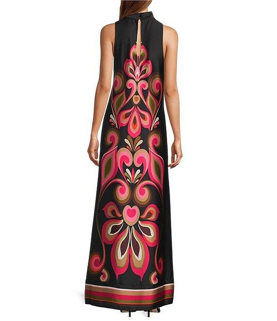 Trina Turk Loveage Satin Georgette Placement Print Mock Neck Sleeveless Maxi Dress Product Image