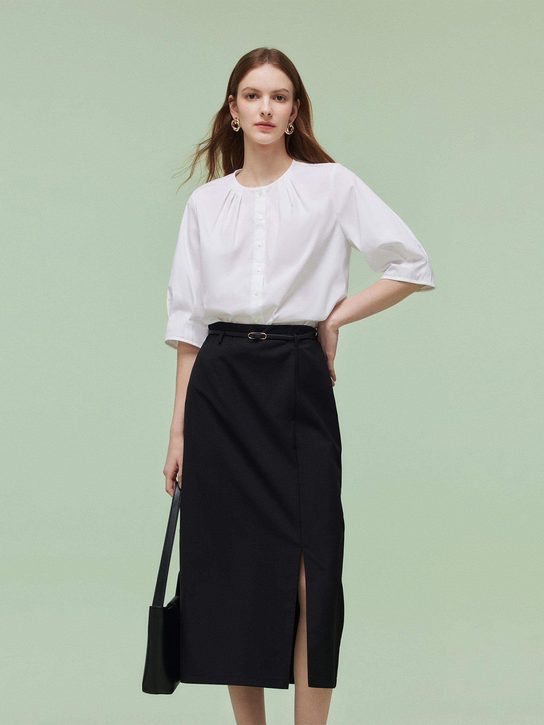 3/4 Sleeve Shirt And Front Slit Skirt Two-Piece Set With Leather Belt Product Image