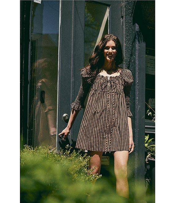 Free People Star Dip Dotted Print Square Neck 3/4 Sleeve Smocked Mini Dress Product Image