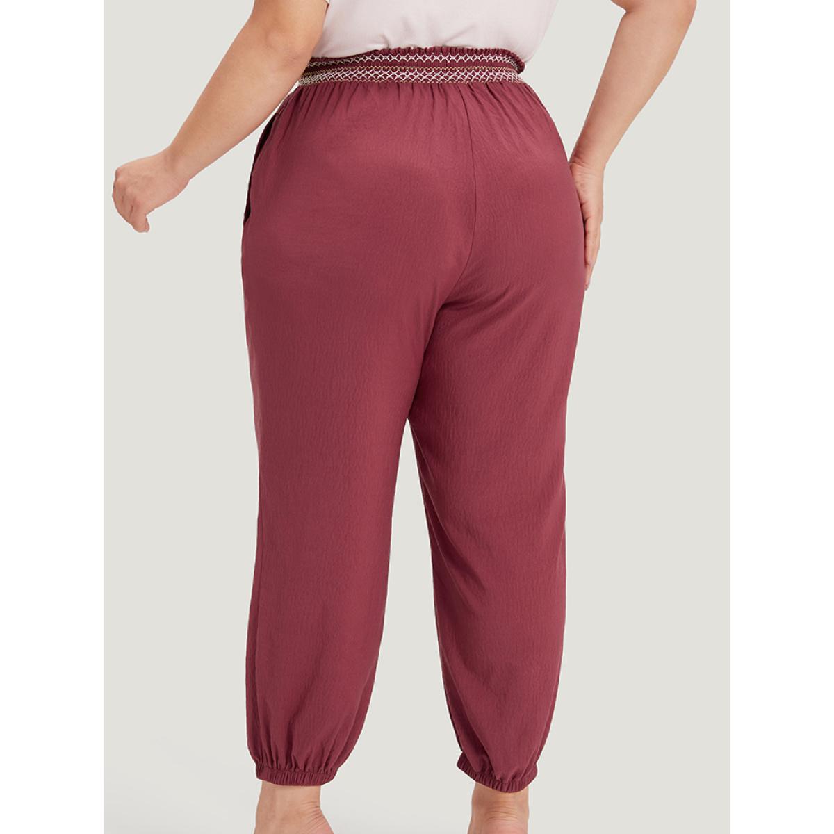 Plus Size Contrast Pocket Shirred Paperbag Waist Carrot Pants Women Burgundy Elegant High Rise Dailywear Pants BloomChic 14-16/1X Product Image