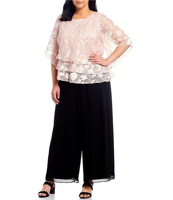 Alex Evenings Plus Size Asymmetrical Tiered Hem Round Neck 3/4 Illusion Sleeve Burnout Floral Chiffon Blouse Product Image
