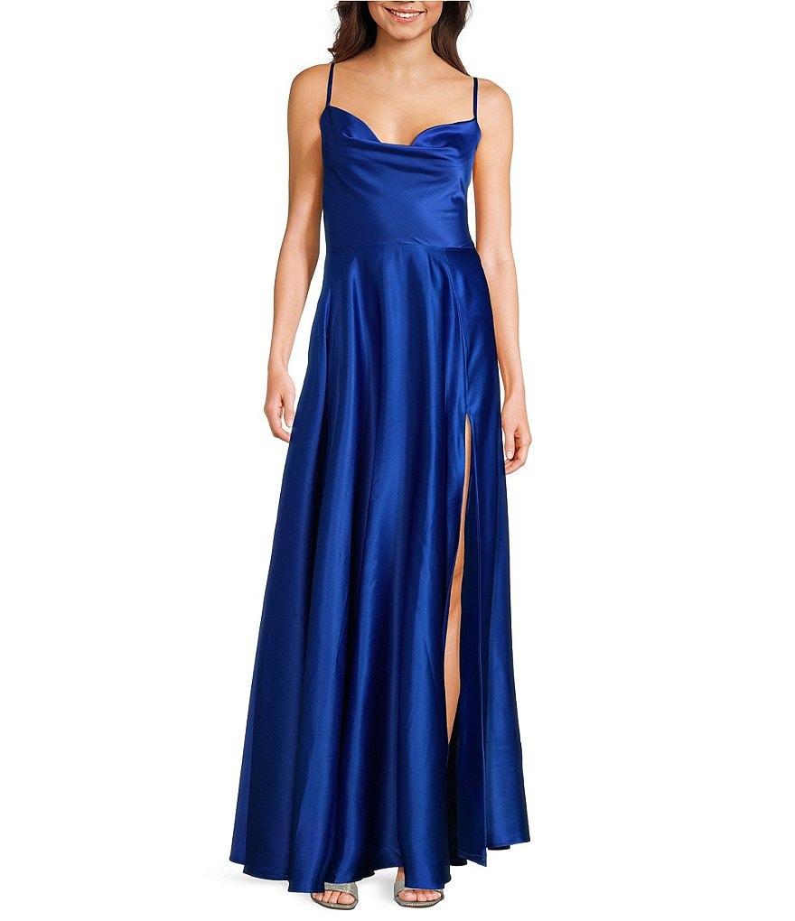 B. Darlin Cowl Neck Spaghetti Strap Lace Up Back Side Slit Dress Product Image