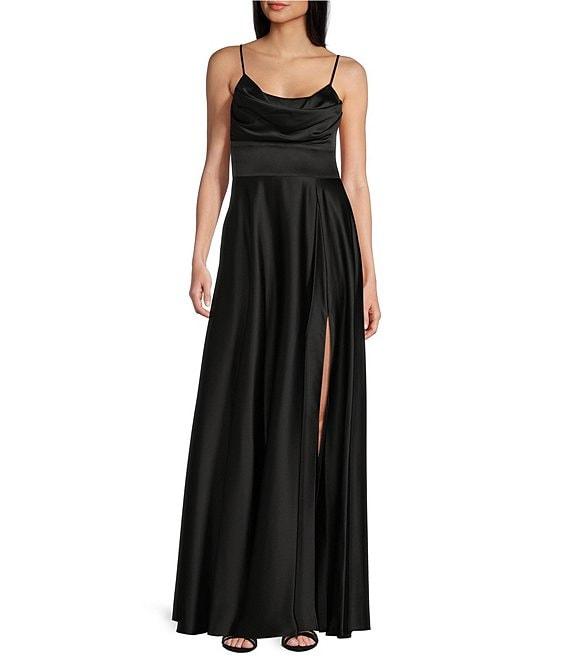 Next Up Satin Cowl Neck Corset Front Slit Long Dress Product Image