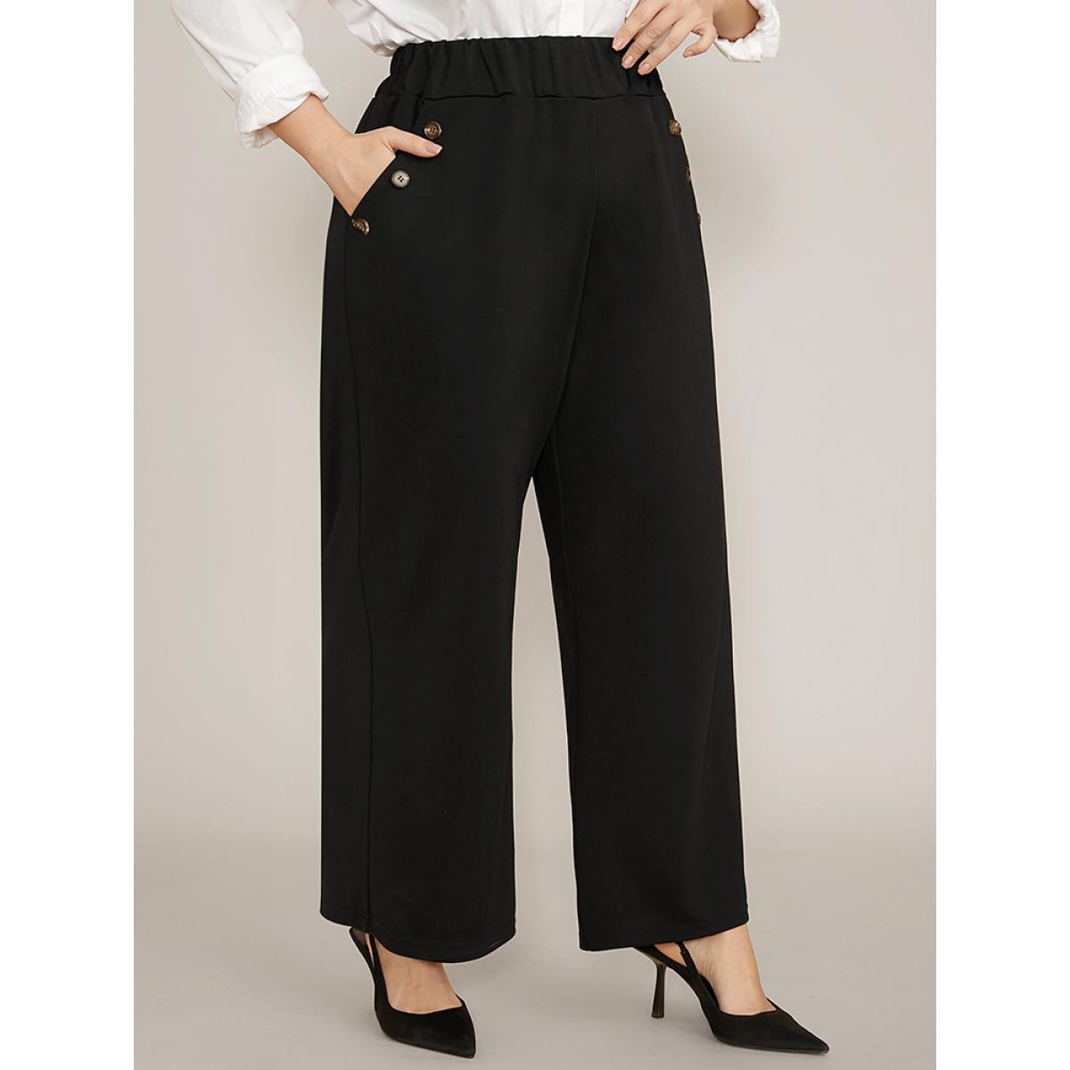 Plus Size Solid Elastic Waist Button Detail Pocket Wide Leg Pants Women Black Office Wide Leg High Rise Office Pants BloomChic 30/6X Product Image