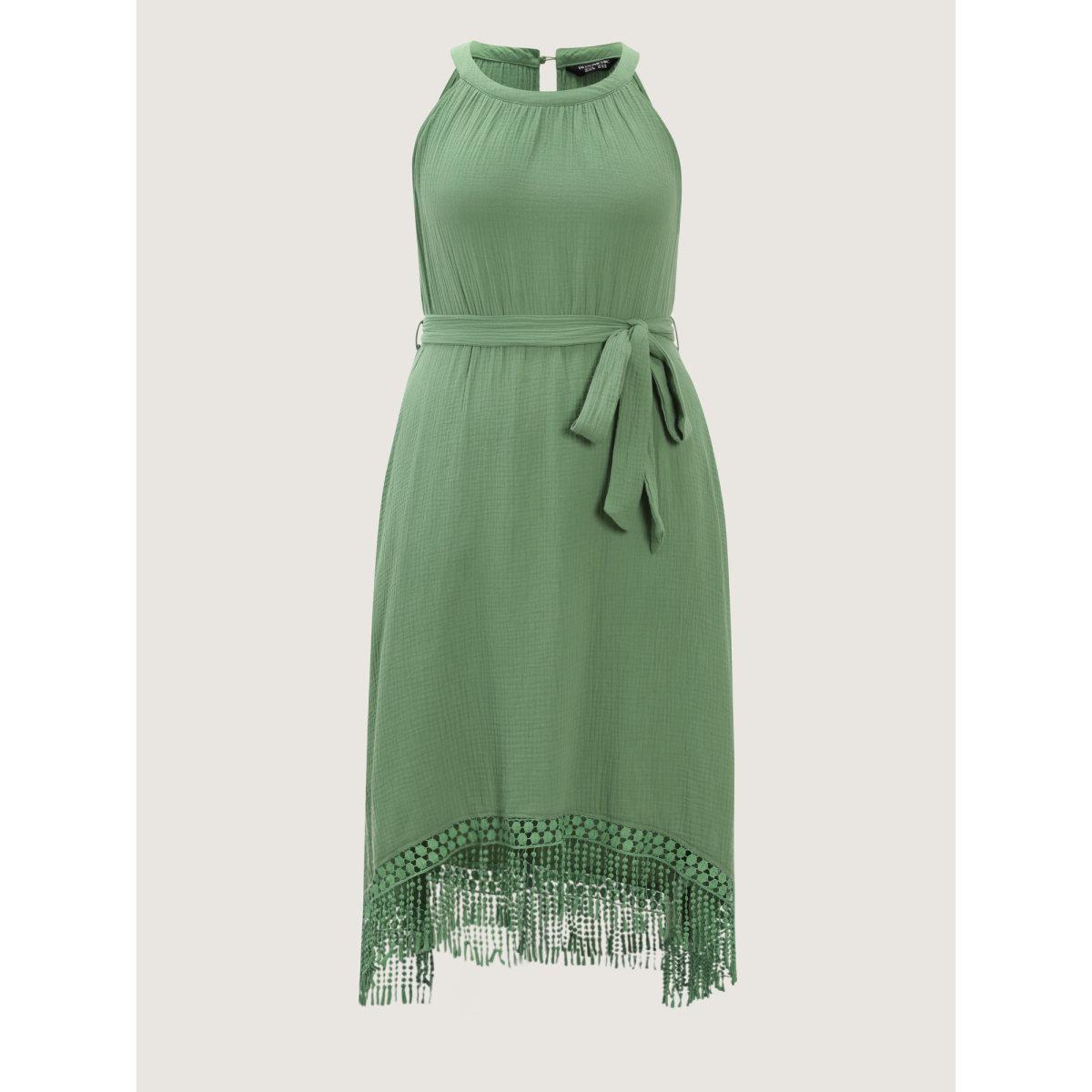 Plus Size Cotton Waist-Tie Fringe Hem Midi Dress Greenbean Women Boho Round Neck Sleeveless Curvy BloomChic 28/5X Product Image