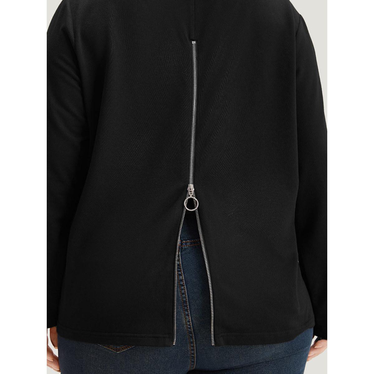 Plus Size Plain V Neck Back Half Zip Sweatshirt Women Black Casual Plain V-neck Dailywear Sweatshirts BloomChic 10/M Product Image