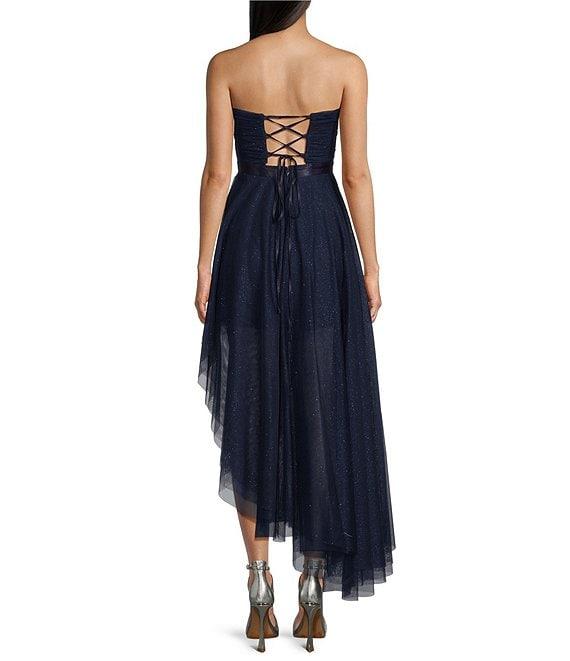 Pear Culture Strapless Lace-Up Back Asymmetrical Mesh Dress Product Image