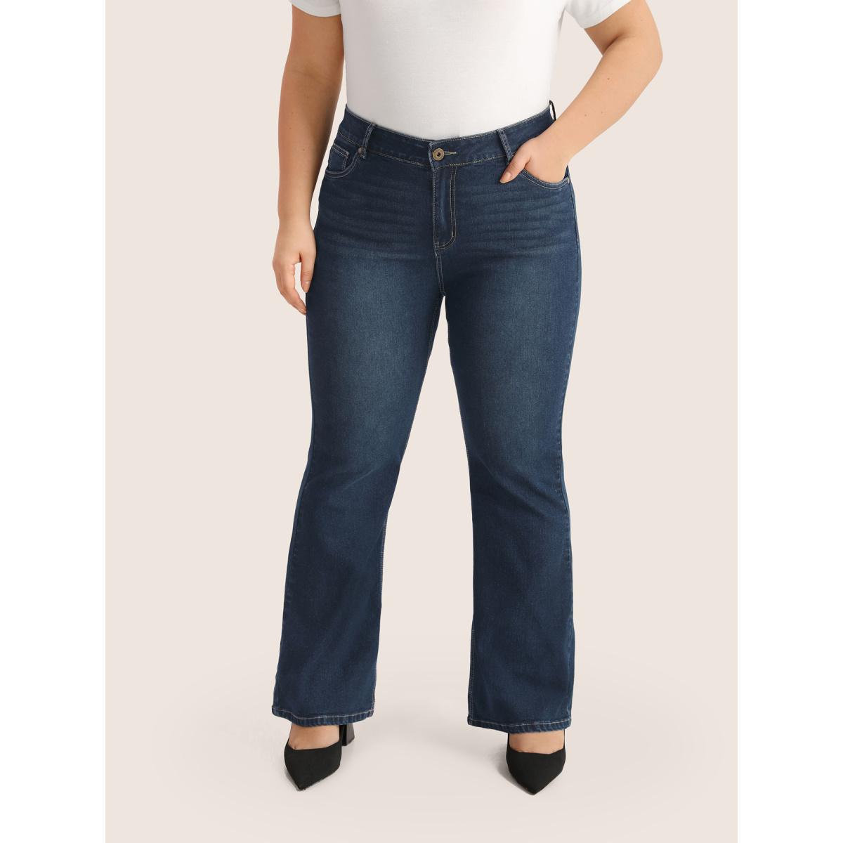 Plus Size Plain Bootcut Pocket Zipper Fly Jeans Women Indigo Casual Plain Non High stretch Slanted pocket Jeans BloomChic 10/M Product Image