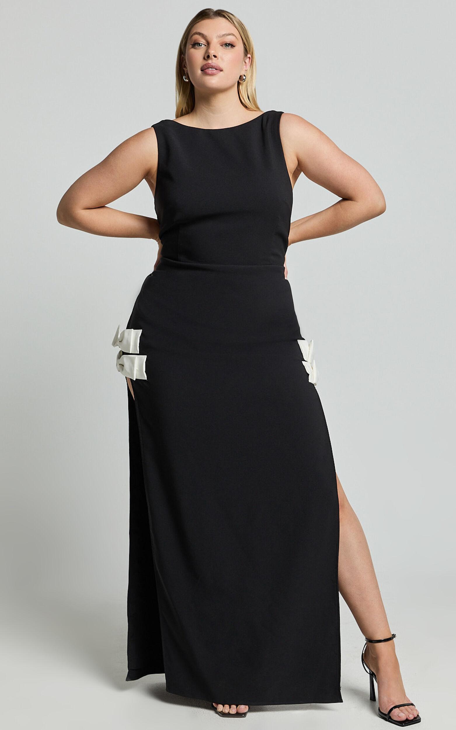 Bernice Maxi Dress - Low Back Side Split Bow Detail Dress in Black Product Image