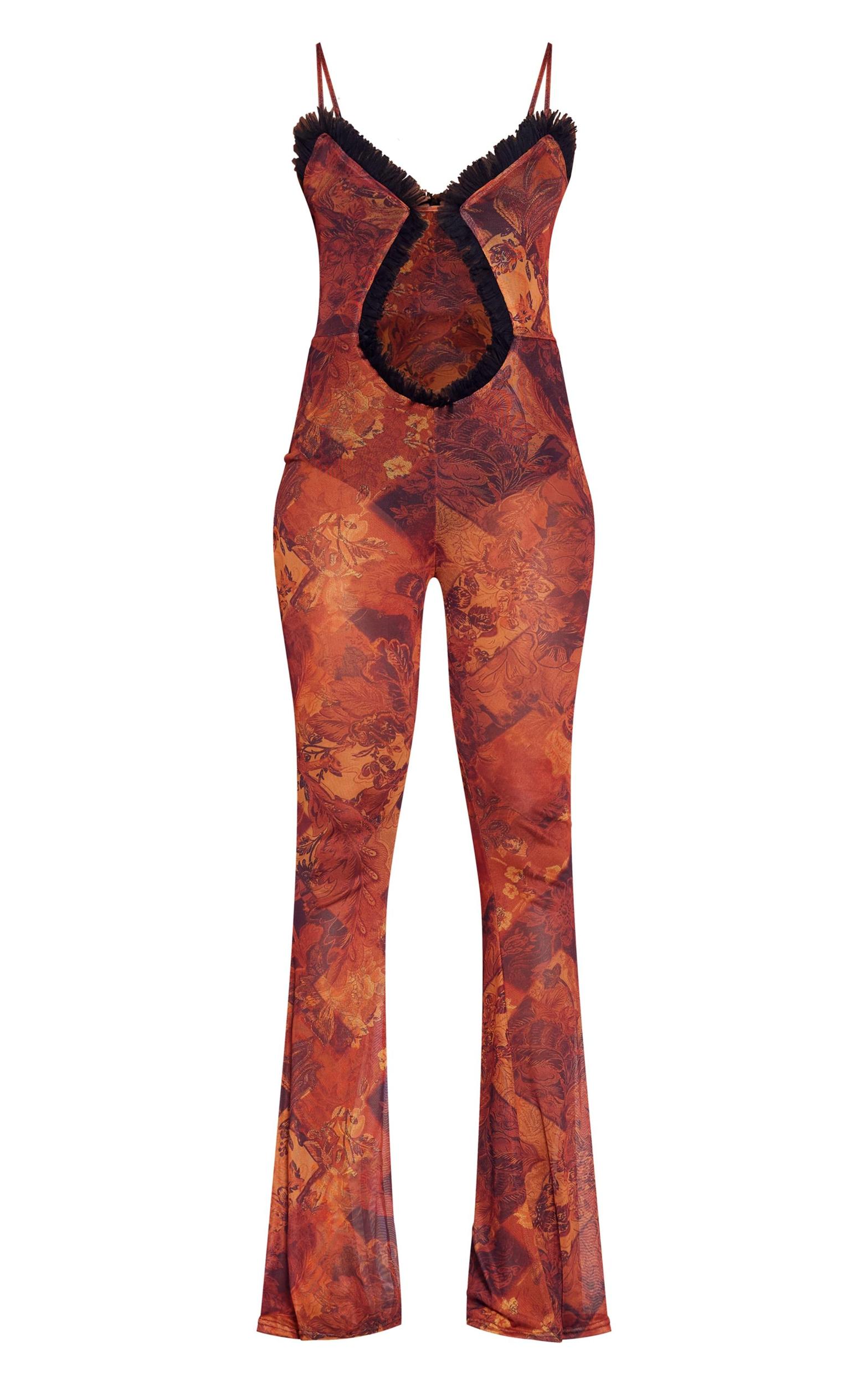 Brown Paisley Print Mesh Cut Out Frill Detail Jumpsuit Product Image