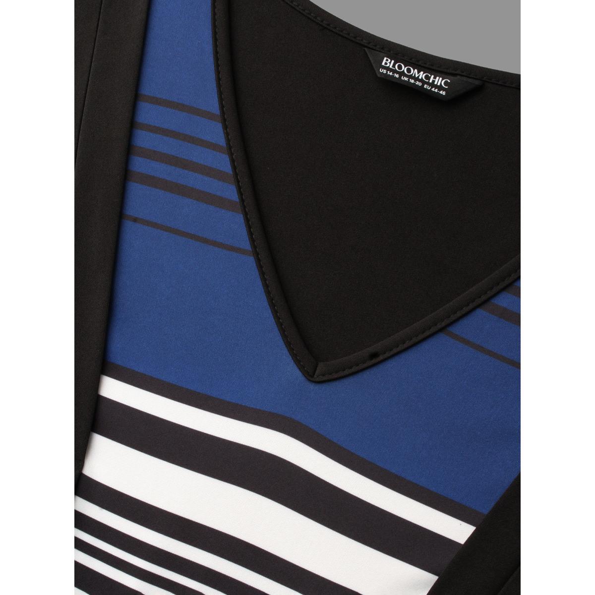 Plus Size Striped Patchwork Contrast Knit Dress Black Women Elegant Contrast Knit Dresses Bloomchic 28/5X Product Image