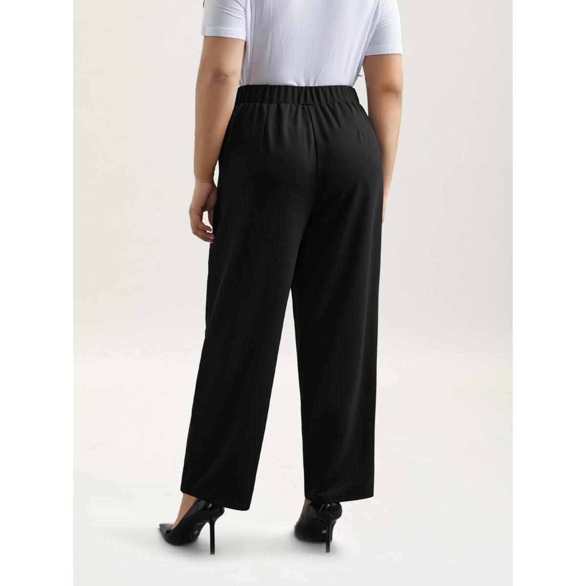 Plus Size Stretchy-Waist Straight Leg Pants Women Black Office Straight Leg Mid Rise Office Pants BloomChic 26/4X Product Image