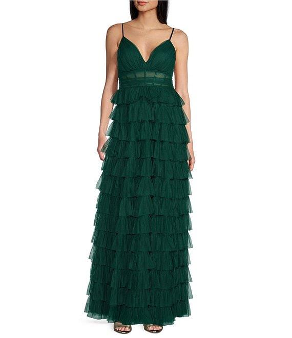 B. Darlin Spaghetti Strap V-Neck Ruffle Long Mesh Dress Product Image