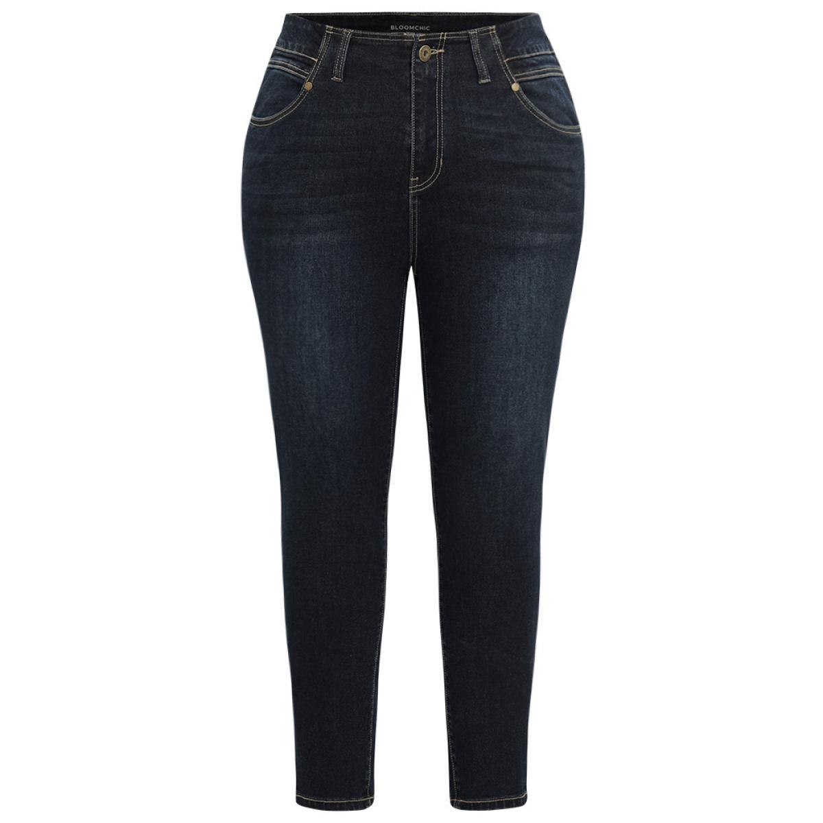 Plus Size Solid Stitch Very Stretchy Patchwork Waist Jeans Women Midnight Casual Plain Plain High stretch Pocket Jeans BloomChic 12/L Product Image