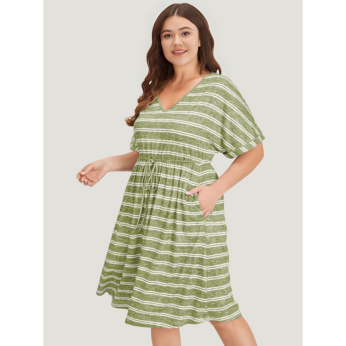 Plus Size Striped Ties Pocket Roll sleeve Dress LightGreen Women Casual Cross straps V-neck Short sleeve Curvy Midi Dress BloomChic 10/M Product Image