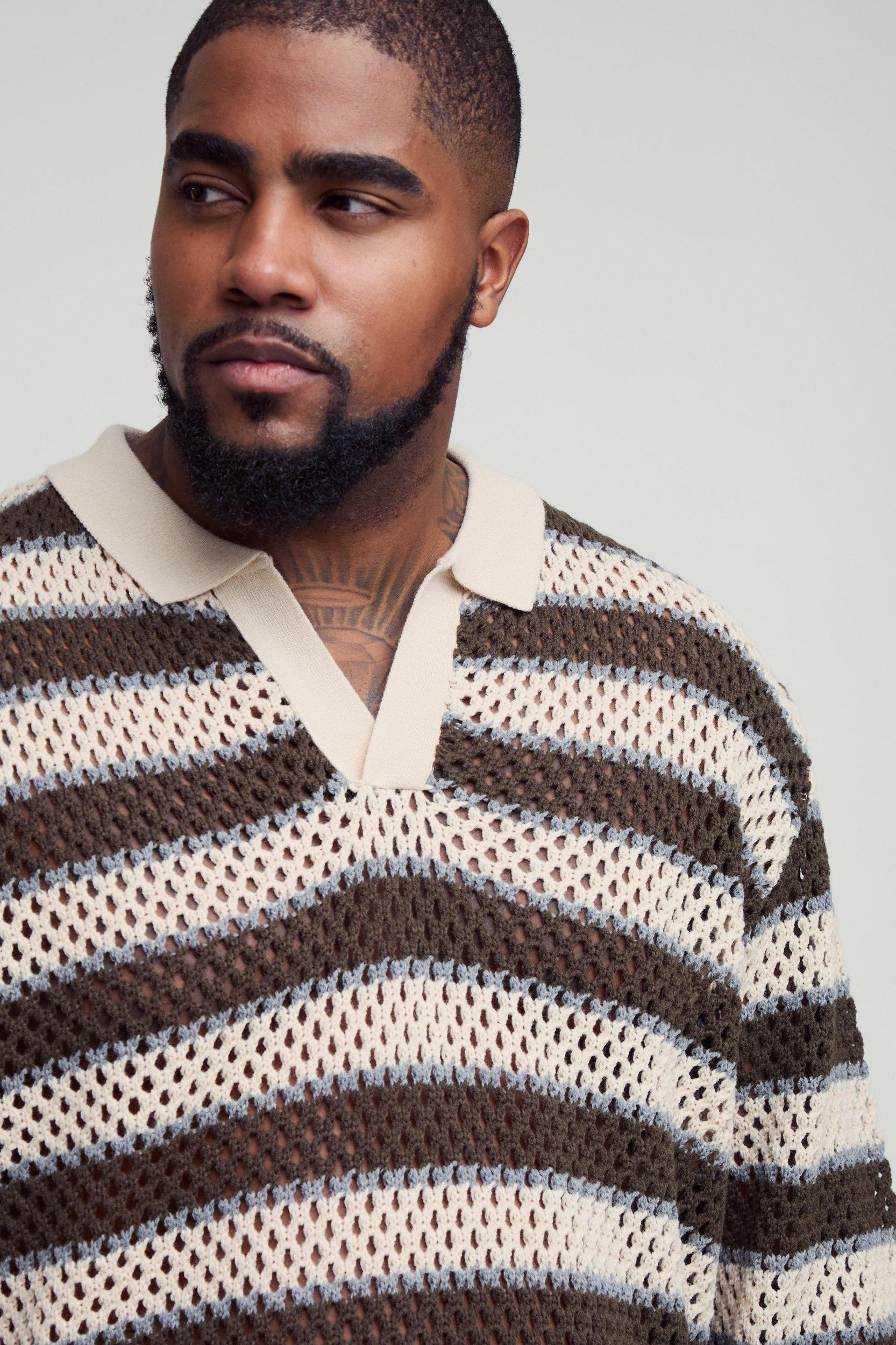 Plus Stripe Knitted Rugby Polo | boohooMAN USA Product Image