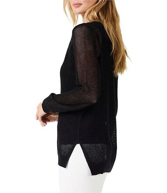 NIC + ZOE Mesh Stitch Metallic V-Neck Long Sleeve High-Low Hem Side Slit Sweater Product Image