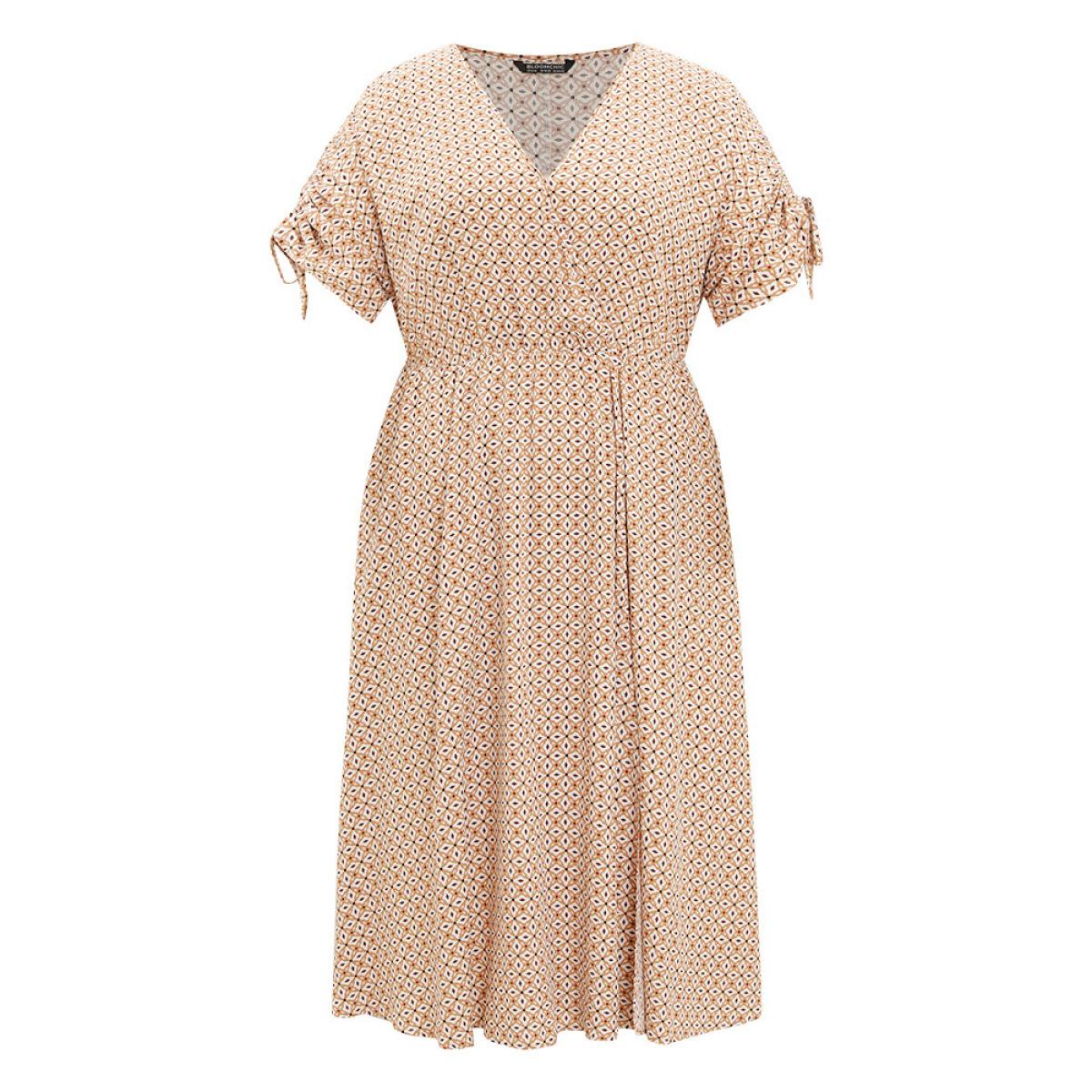 Plus Size Bandana Print Ruffles Pocket Wrap Drawstring Sleeve Dress LightBrown Women Vacation Wrap V-neck Short sleeve Curvy Midi Dress BloomChic 22-24/3X Product Image