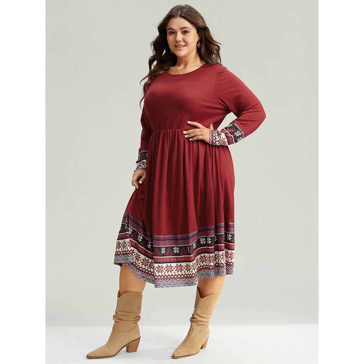 Plus Size Christmas Boho Print Patchwork Elastic Waist Dress Raspberry Women Casual Gathered Round Neck Long Sleeve Curvy Midi Dress BloomChic 30/6X Product Image