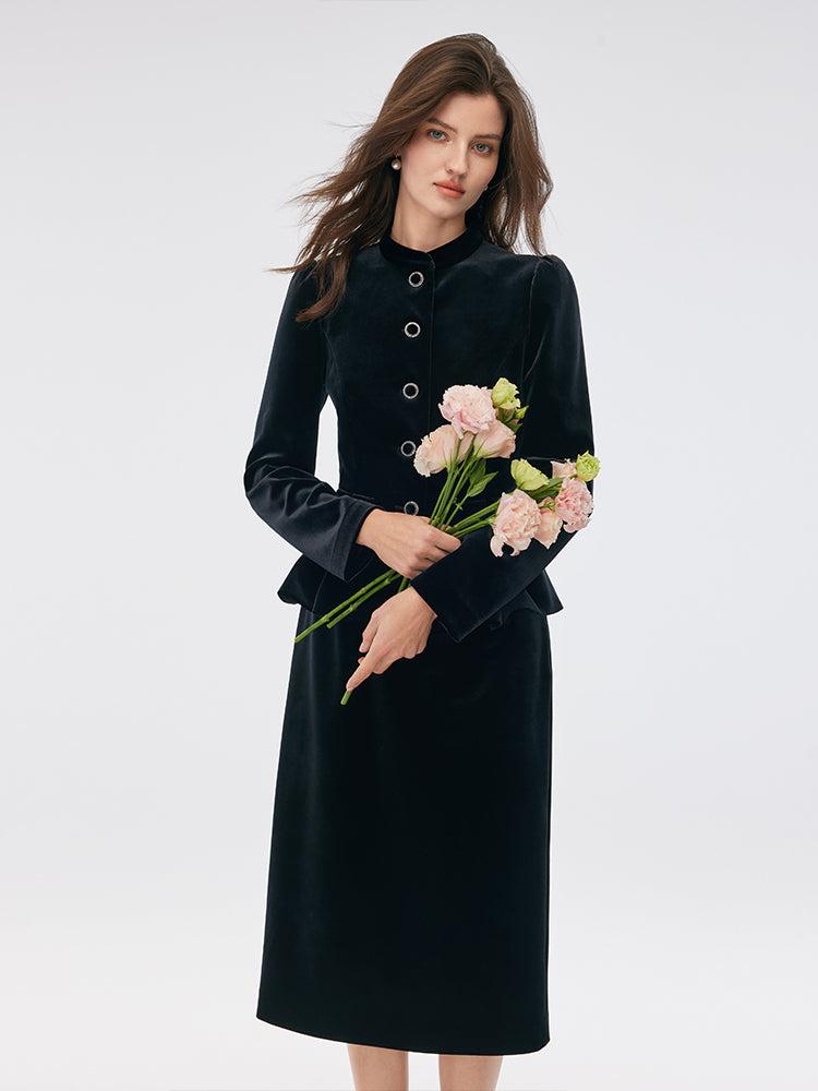 Velvet Mandarin Collar Ruffle Hem Jacket And Back Slit Skirt Two-Piece Product Image