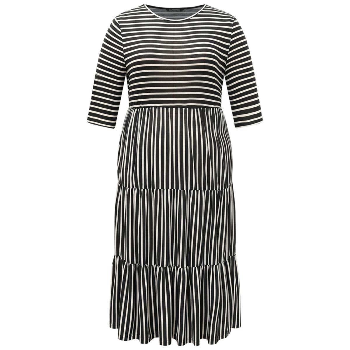 Plus Size Striped Crew Neck Ruffle Layered Hem Dress Black Women Casual Printed Round Neck Half Sleeve Curvy Midi Dress BloomChic 18-20/2X Product Image