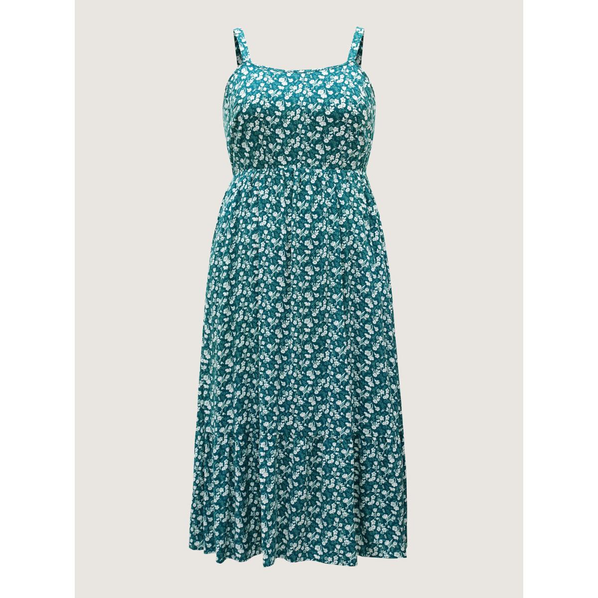 Plus Size Rayon Ditsy Floral Print Pockets Midi Dress Teal Women Square Neck Sleeveless Curvy BloomChic 22-24/3X Product Image