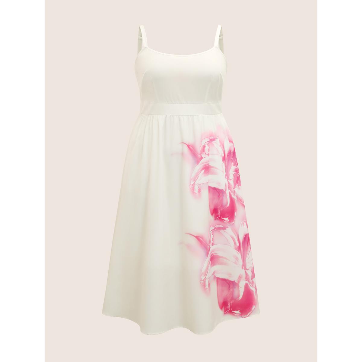 Plus Size Pink Lilies Print Gathered Cami Midi Dress Ivory Women Elegant Gathered Non Sleeveless Curvy BloomChic 30/6X Product Image