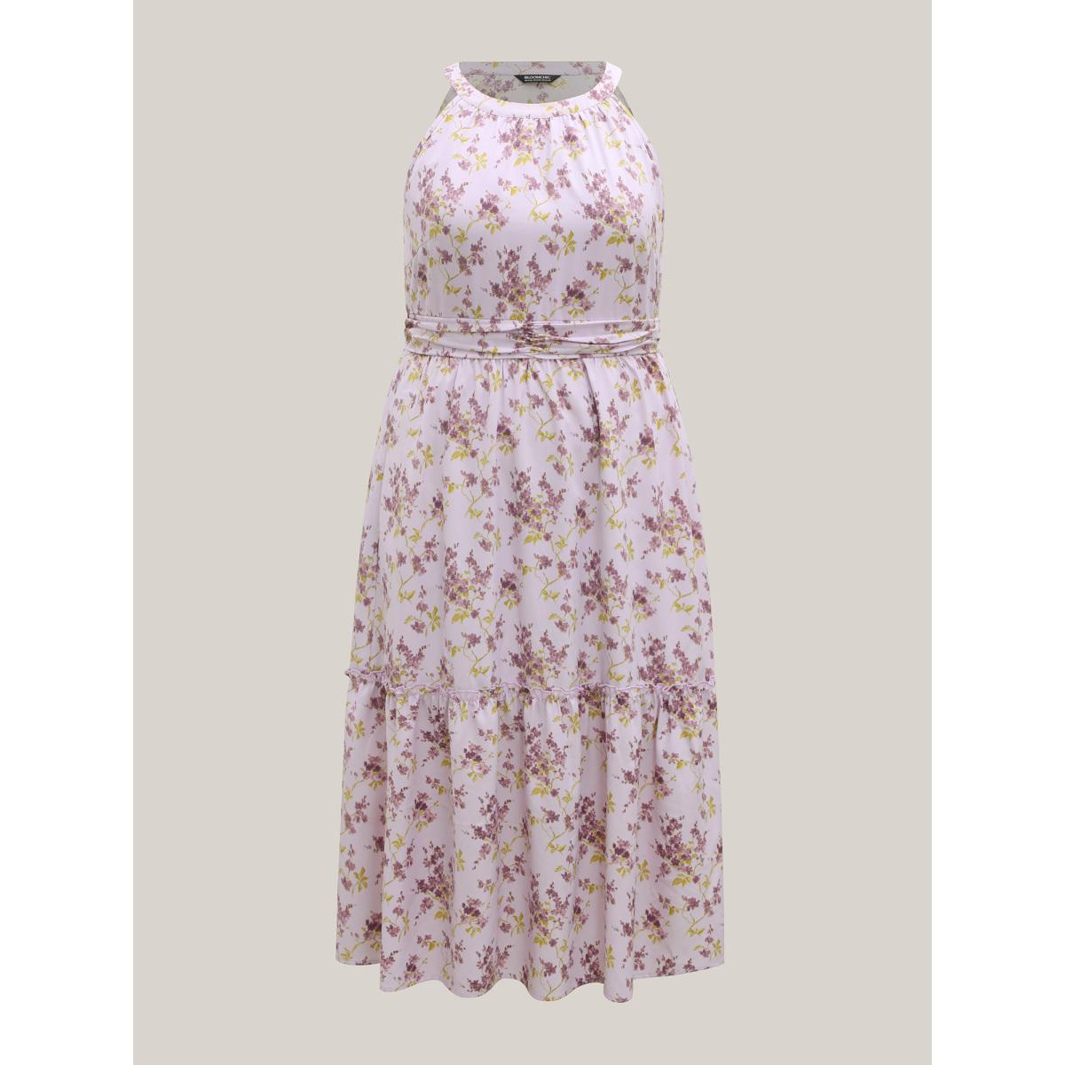 Plus Size Ditsy Floral Print Pleated Tiered Maxi Dress Lilac Women Round Neck Sleeveless Curvy BloomChic 26/4X Product Image