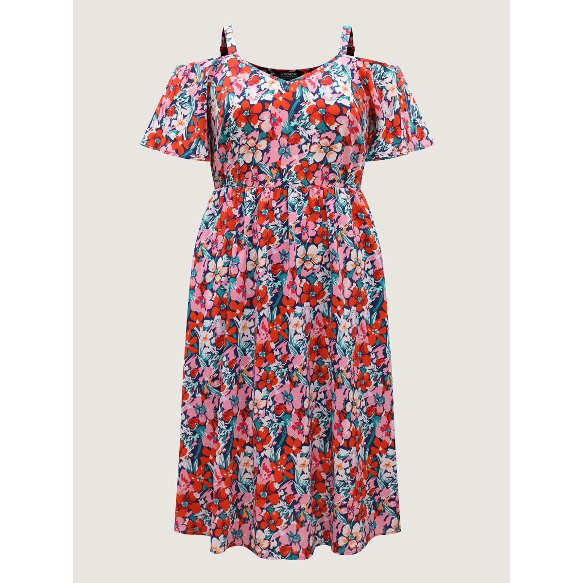 Plus Size Floral Print Off-Shoulder Pockets Midi Dress DarkBlue Women Heart neckline Short sleeve Curvy BloomChic 18-20/2X Product Image