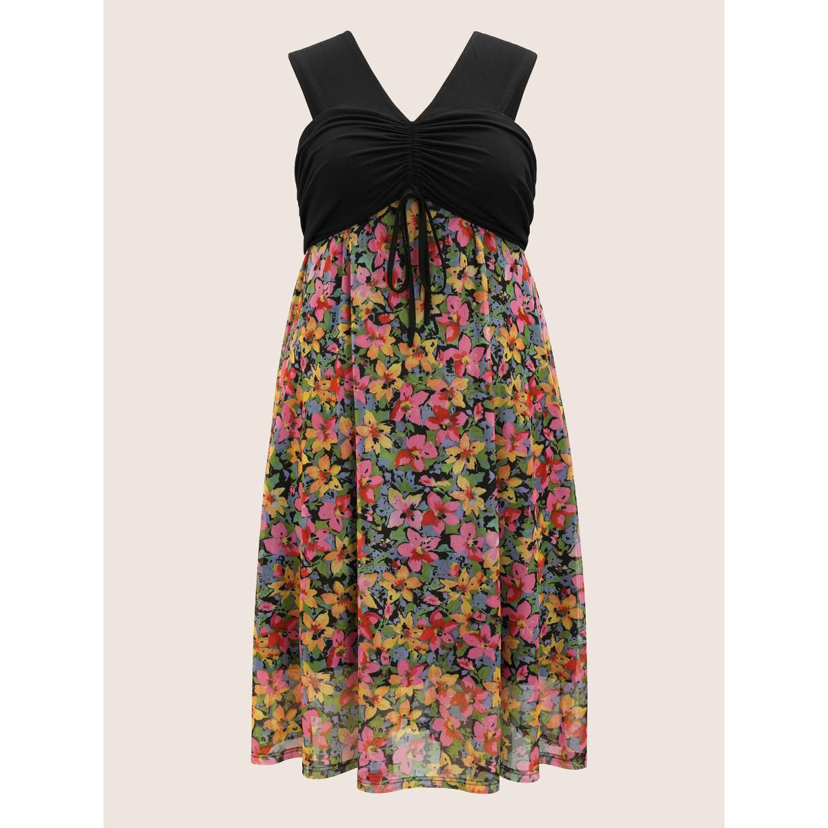 Plus Size Everywhere Dress - Floral Patchwork Drawstring Dress Black Women Elegant One-shoulder neck Sleeveless Curvy BloomChic 14-16/1X Product Image