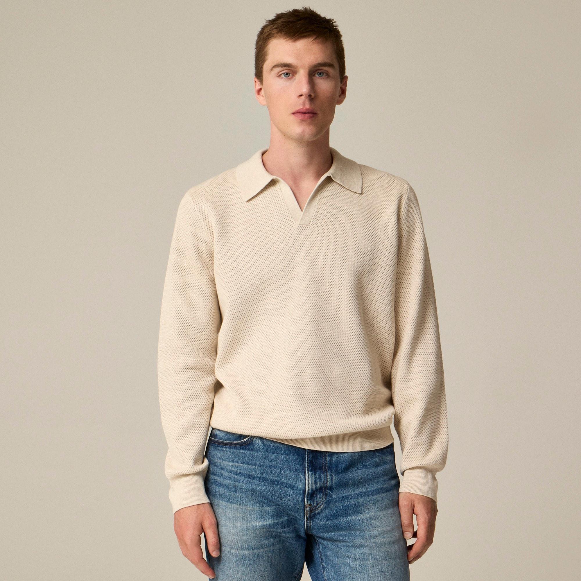 Long-sleeve cotton mesh-stitch johnny-collar sweater-polo Product Image