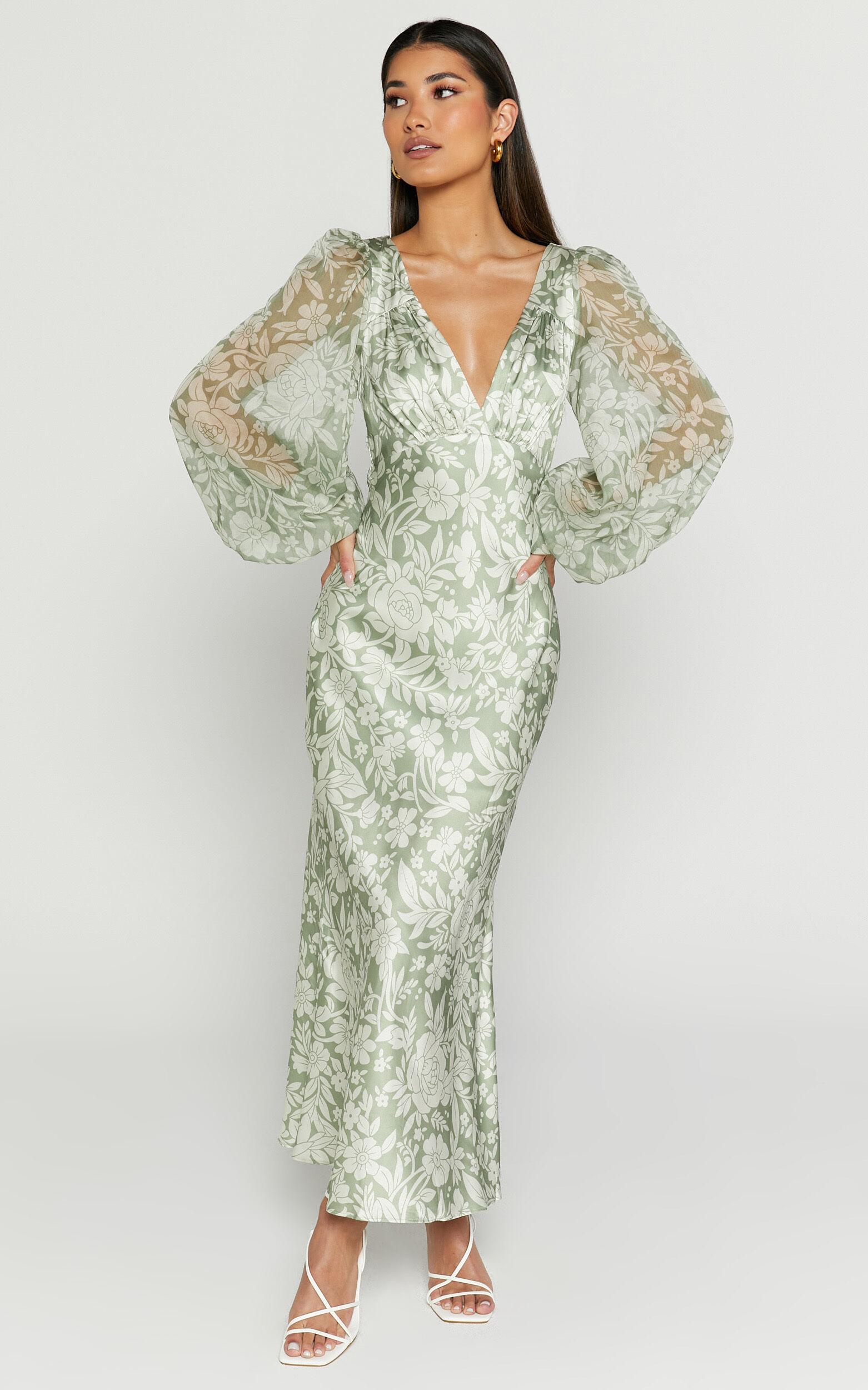 Freollyn Midi Dress - Deep V Neck Long Sleeve Dress in Sage Product Image