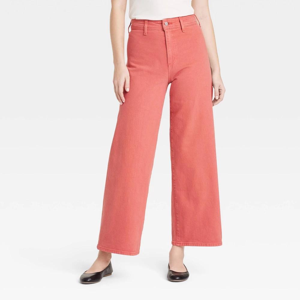 Women's High-Rise Sailor Wide Leg Ankle Jeans - Universal Thread™ Light Red 14: Cotton Denim, Relaxed Fit Product Image