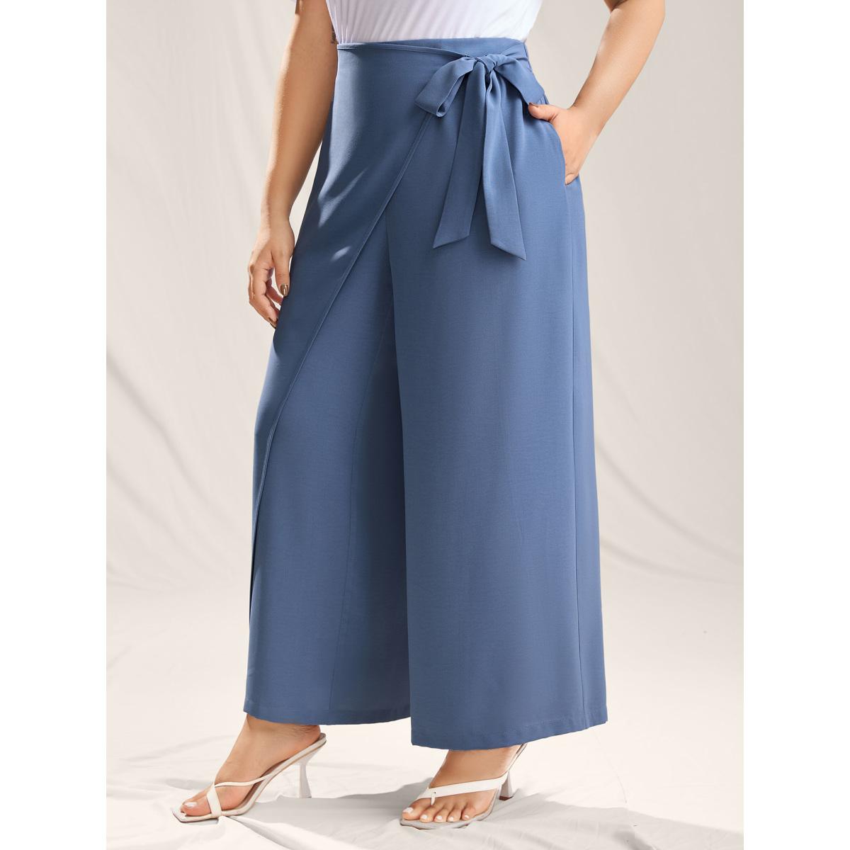 Plus Size Belted Wrap Detail Wide-Leg Pants Women Stone Romantic Wide Leg Mid Rise Elegant Pants BloomChic 26/4X Product Image