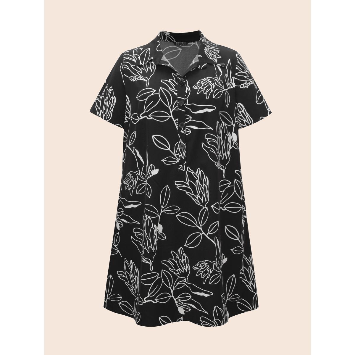 Plus Size Floral Shirt Collar Button Up Dress Black Women Elegant Button Shirt collar Short sleeve Curvy BloomChic 30/6X Product Image