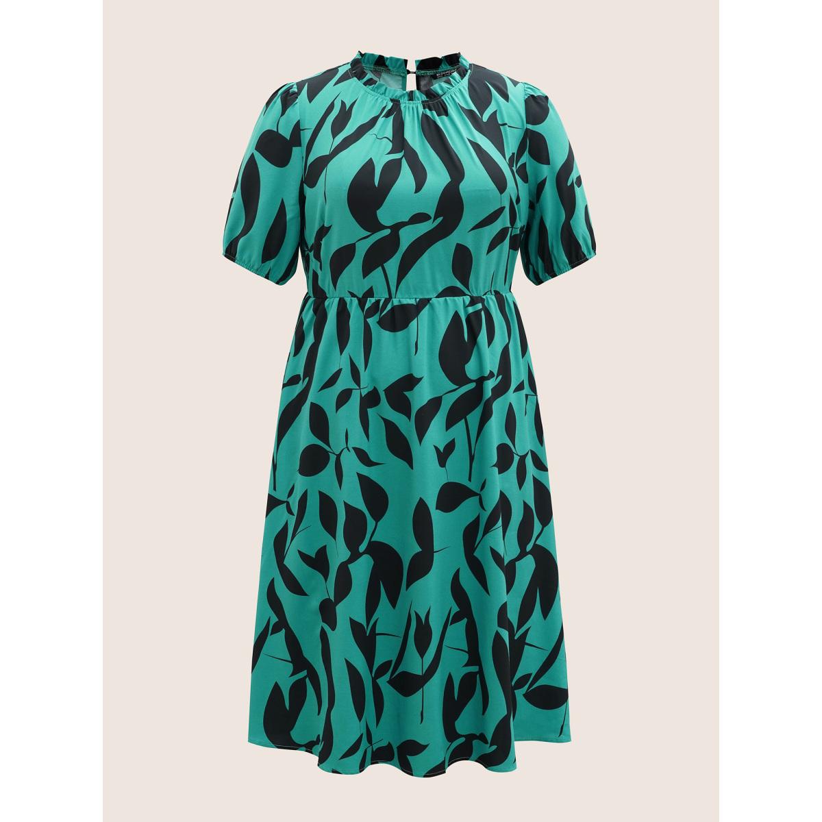 Plus Size Silhouette Floral Print Mock Neck Midi Dress Teal Women Elegant Gathered Mock Neck Short sleeve Curvy BloomChic 12/L Product Image