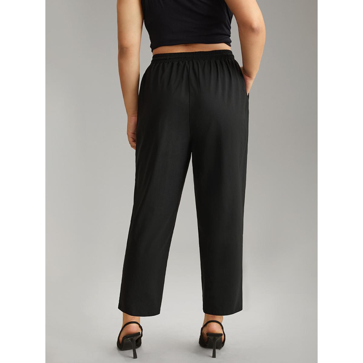 Plus Size Solid Drawstring Pocket Elastic Waist Pants Women Black Casual Straight Leg High Rise Dailywear Pants BloomChic 10/M Product Image