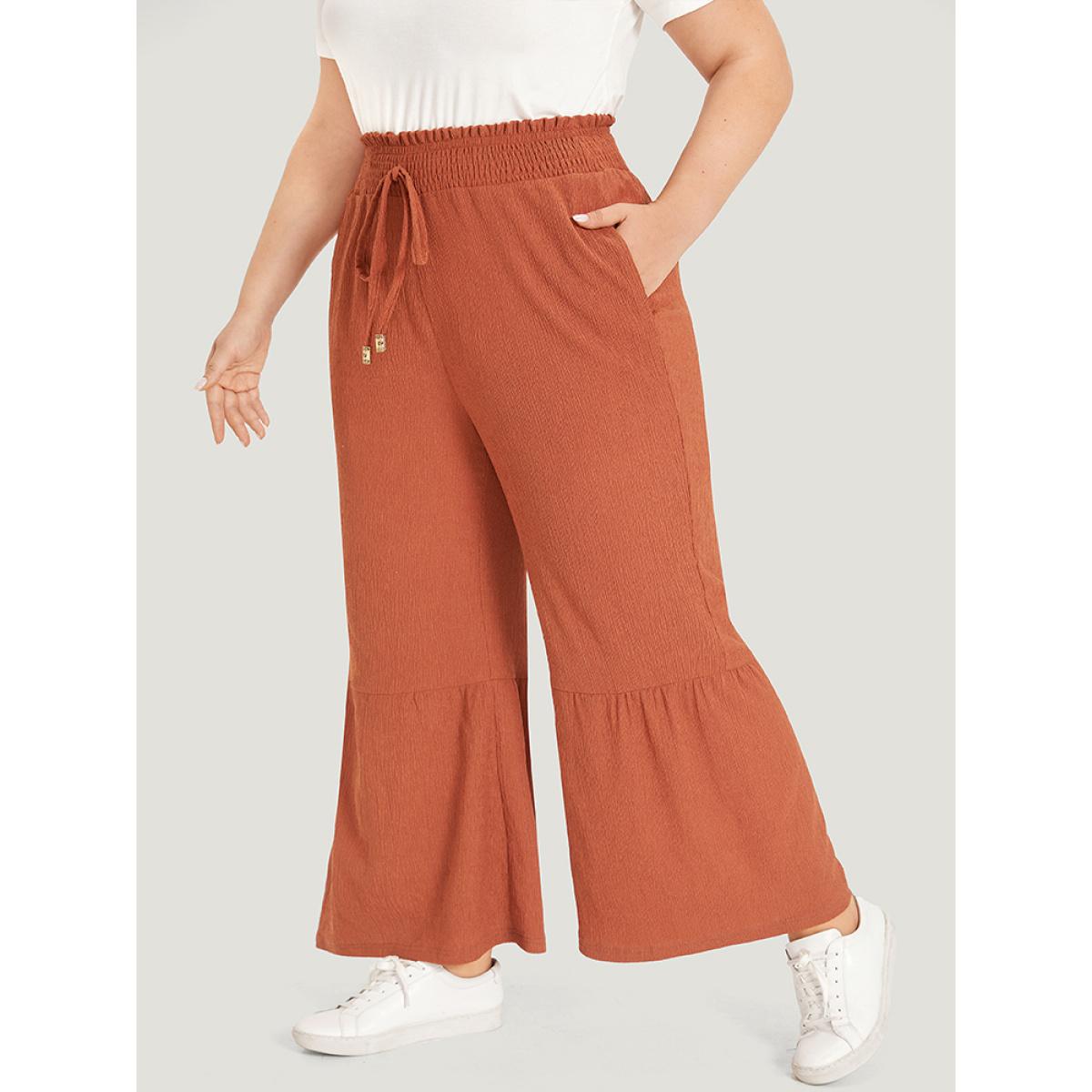 Plus Size Solid Pocket Ties Paperbag Waist Bootcut Pants Women Rust Casual Bootcut High Rise Dailywear Pants BloomChic 22-24/3X Product Image