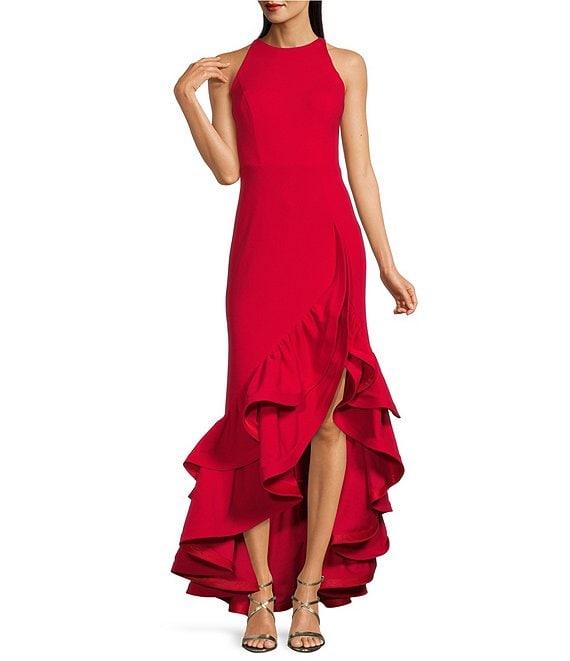 Betsy & Adam Round Neck Sleeveless Ruffle High-Low Stretch Crepe Gown Product Image