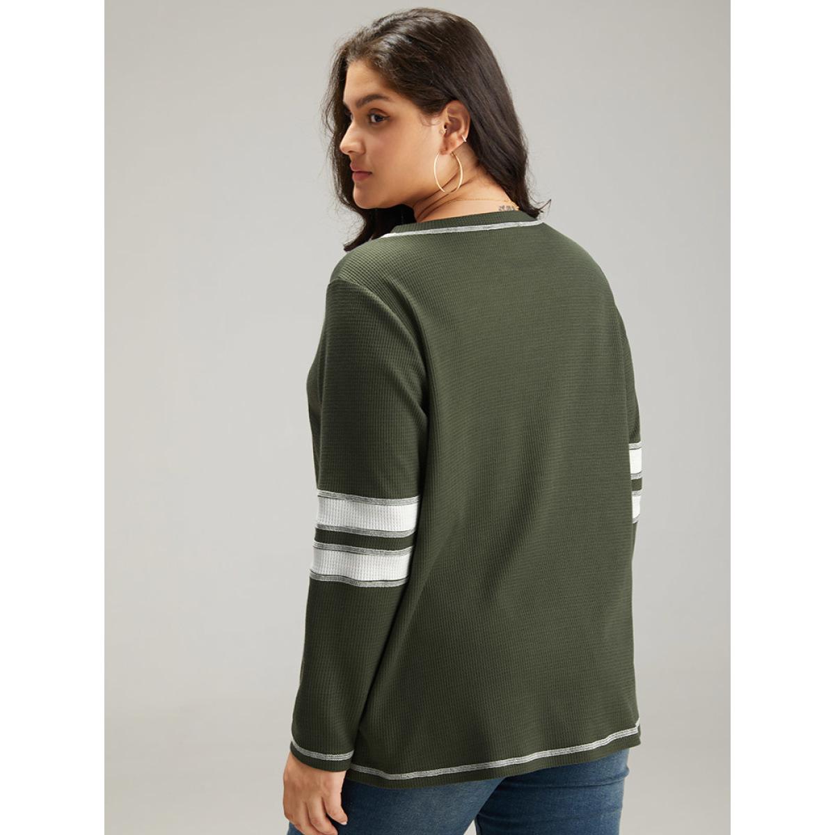 Plus Size Waffle Knit Striped Contrast Stitch T-shirt Green Women Casual Contrast Striped Round Neck Dailywear T-shirts BloomChic 26/4X Product Image