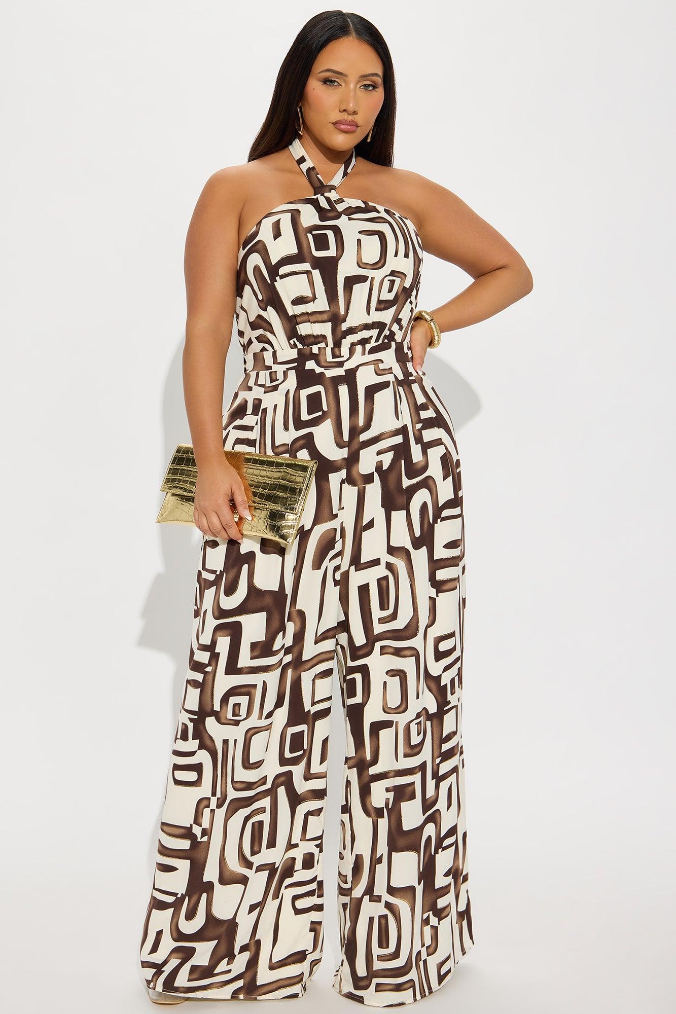 Maylee Abstract Halter Jumpsuit - Brown/combo Female Product Image