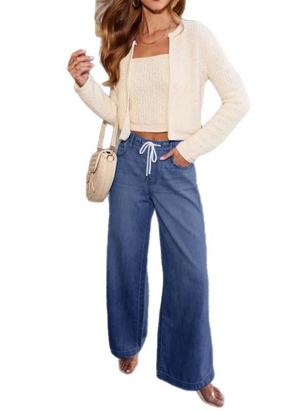High Waisted Loose Drawstring Elasticity Split-Joint Jean Pants Bottoms Product Image