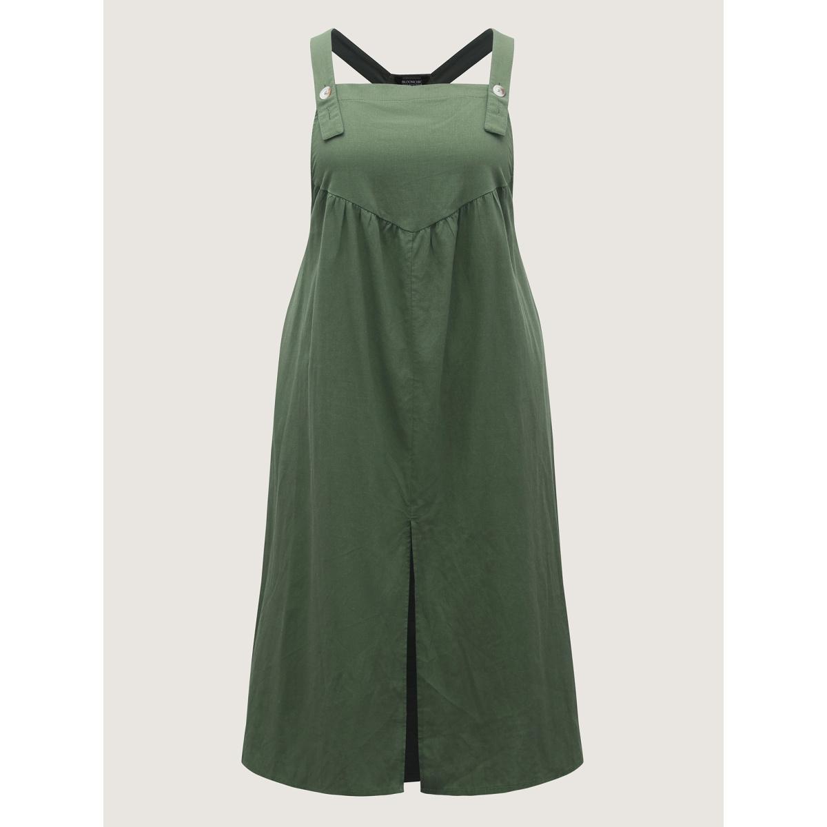 Plus Size Overall Straps Front Slit Pockets Midi Dress Emerald Women Leisure Square Neck Sleeveless Curvy BloomChic 10/M Product Image