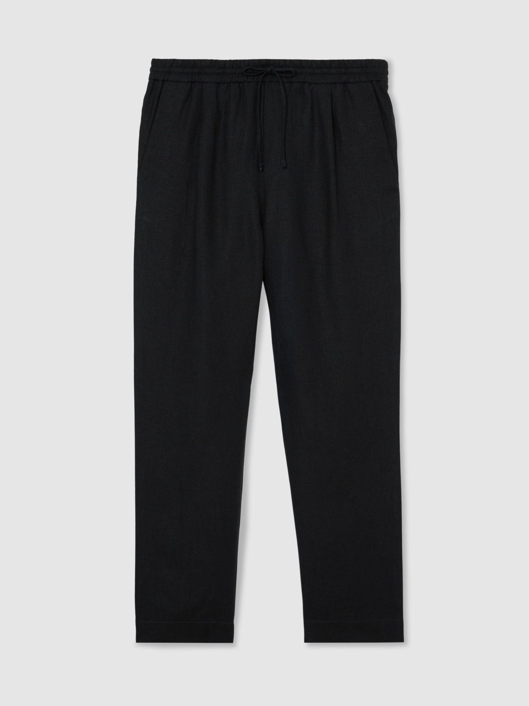 Linen Relaxed-Fit Drawstring Trousers in Black Product Image